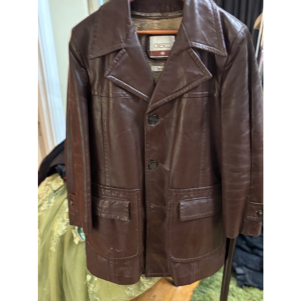 Vintage 70s Cresco Brown Leather Coat Men’s Size 40 Wide Collar Button Fron